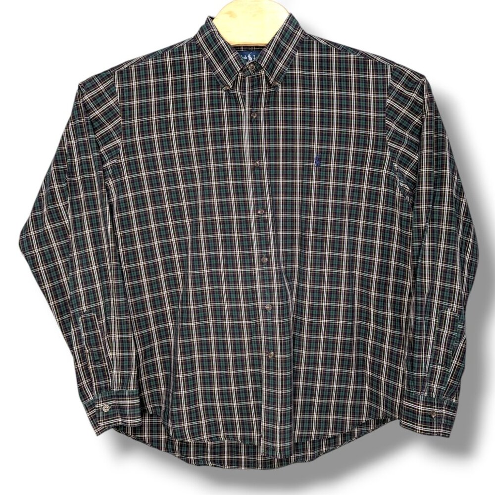 Ralph Lauren Dress Shirt Mens XL Green Multicolor Plaid 100% Cotton Custom Fit